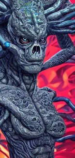 Detailed alien fantasy creature in blue with a red background.