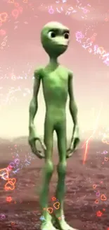 Green alien stands on pink landscape with cosmic decorations.