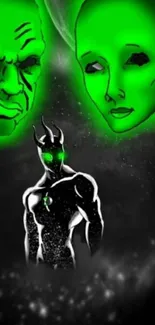 Green glowing alien fantasy characters on dark background.