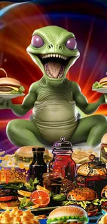 Alien holding burgers in cosmic feast setting, vibrant wallpaper.