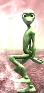 Green alien sitting in a mystical, smoky desert landscape wallpaper.