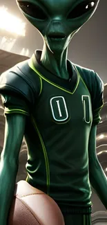 Alien athlete holding a football in a futuristic arena.