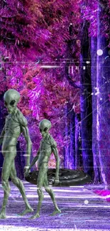 Alien figures in a vibrant purple forest scene, creating a surreal, fantasy atmosphere.