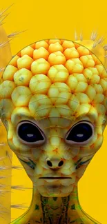 Alien fruit head with a yellow background.