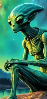 Alien sitting by a lake under a cosmic sky, in teal and green hues.