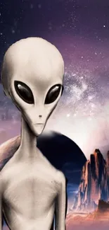 Alien figure with galaxy background and cosmic landscape.