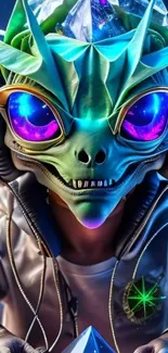 Alien gamer with vibrant neon colors and headphones.