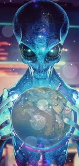 Blue alien holding a glowing globe in cosmic setting.