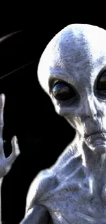 Alien with large eyes waving in a dark sci-fi background.