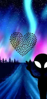 Alien silhouette with heart birds under aurora sky.