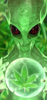 Green alien holding a glowing cannabis leaf globe in a cosmic setting.