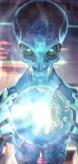 Alien holding Earth glowing globe wallpaper for mobile.