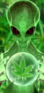 Alien holding glowing orb with cannabis leaf wallpaper.