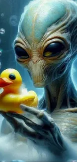 Alien holding a rubber duck wallpaper with bubbles.