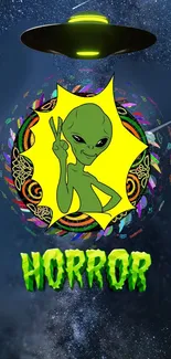 Green alien and UFO on cosmic horror background wallpaper.