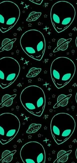 Neon green alien faces pattern on black background wallpaper.