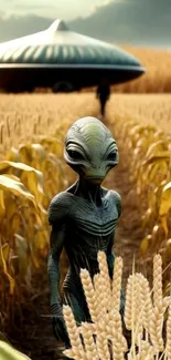 Alien in cornfield with UFO background.