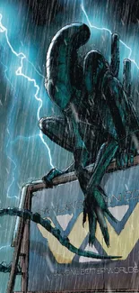 Alien figure perched on a signboard in a stormy night with teal lightning.