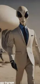 Alien in beige suit standing in a sci-fi desert scene.