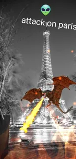 Dragon and alien above Eiffel Tower in Paris with fantasy theme.