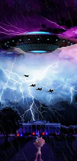A dramatic scene of UFOs and lightning over a building during a stormy night.