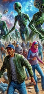 Dramatic alien invasion artwork with fleeing humans and colorful sky.