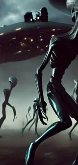 Alien invasion with spaceships in dark atmosphere.