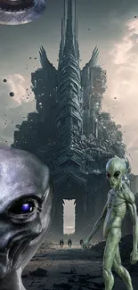 Alien figures and UFOs in dystopian cityscape.