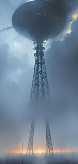 Alien invasion scene with stormy sky and tall tower.