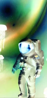 Astronaut floating with glowing jellyfish in a surreal cosmic space scene.