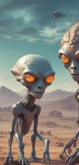 Three glowing-eyed aliens in a desert landscape under a cloudy sky.