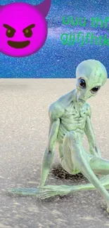 Alien sitting on a cosmic landscape with moon in the background.