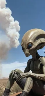 Alien sitting in a desert landscape beneath a cloudy sky.
