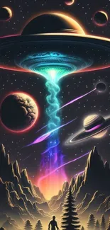 Scenic alien landscape with UFOs and planets in vibrant colors.