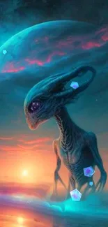 Alien figure in a cosmic landscape with vibrant sky.