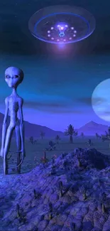 Alien under UFO in a mystical dark landscape with glowing sky.