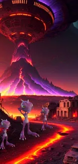 Vibrant alien landscape with bright volcano.