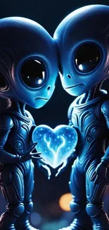Two cute aliens holding a glowing heart.