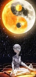 Alien meditating under a cosmic Yin Yang moon.