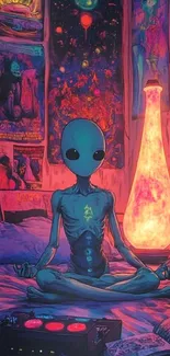 Meditating alien in a neon-lit room.