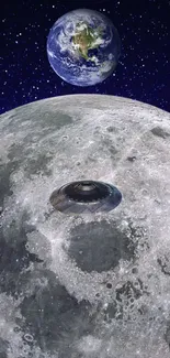 UFO hovering over the moon with Earth in background