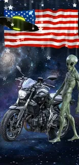 Alien and motorcycle in a galaxy with American flag and UFO overhead.