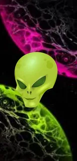 Alien head with neon green and pink planets on a dark background.