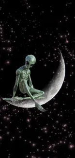 Alien sitting on a crescent moon with starry background.