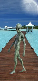 Alien walking on tropical dock under moonlit sky.