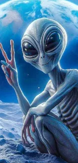 Alien giving peace sign on the moon with Earth in the background.