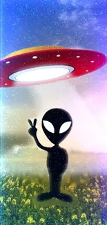 Alien waving under a UFO in vibrant cosmic scenery.