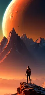 Futuristic alien landscape with planets and rocky peaks.