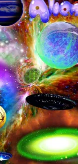 Vibrant alien planet cosmic scene with colorful galaxies and UFOs.