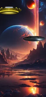 Alien landscape with UFOs and planets in an orange nebula sky.